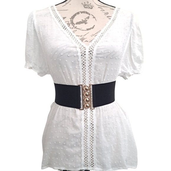 Ladies Black Extra wide waist Stretch corset elastic Belt Gold dots buckle belt - Picture 4 of 10